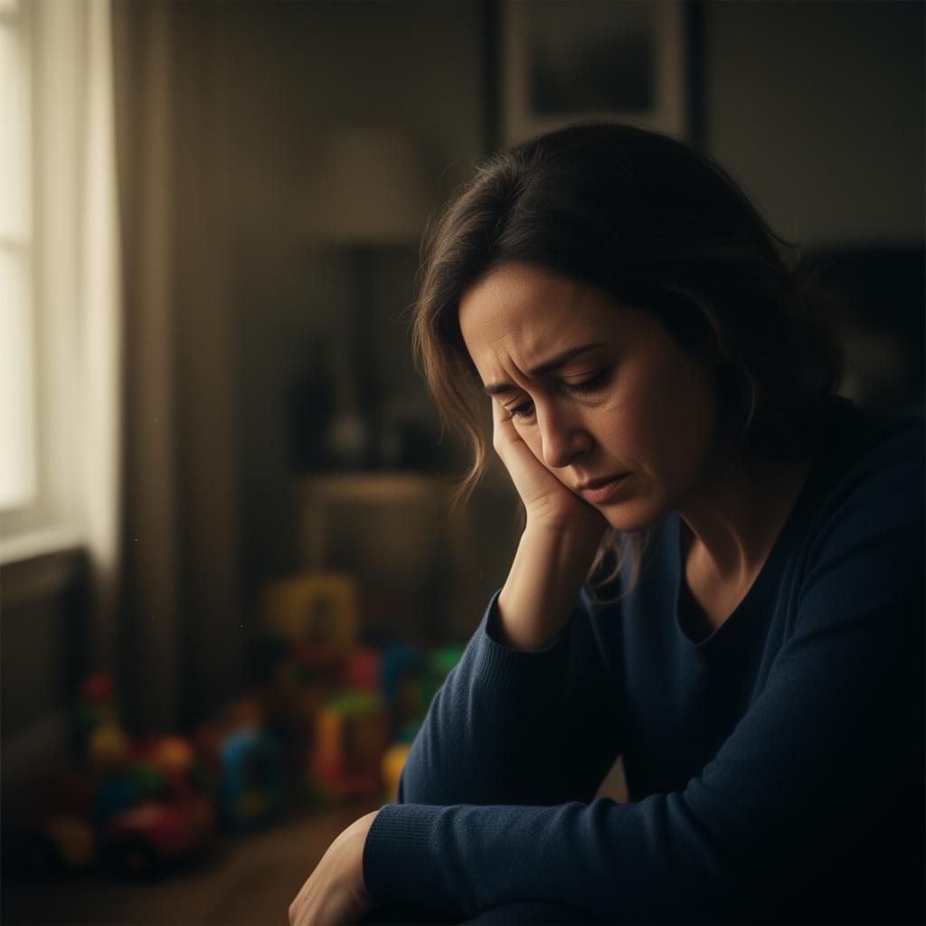 A mother sitting quietly by a window, weighed down by the dreams she paused for her family